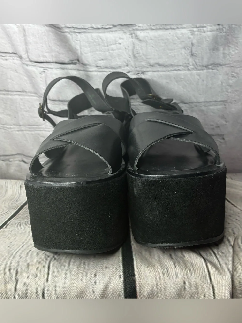 Vtg Kork-Ease Goth Bratz Black Chunky Suede Platform Leather Strappy Sandals 9